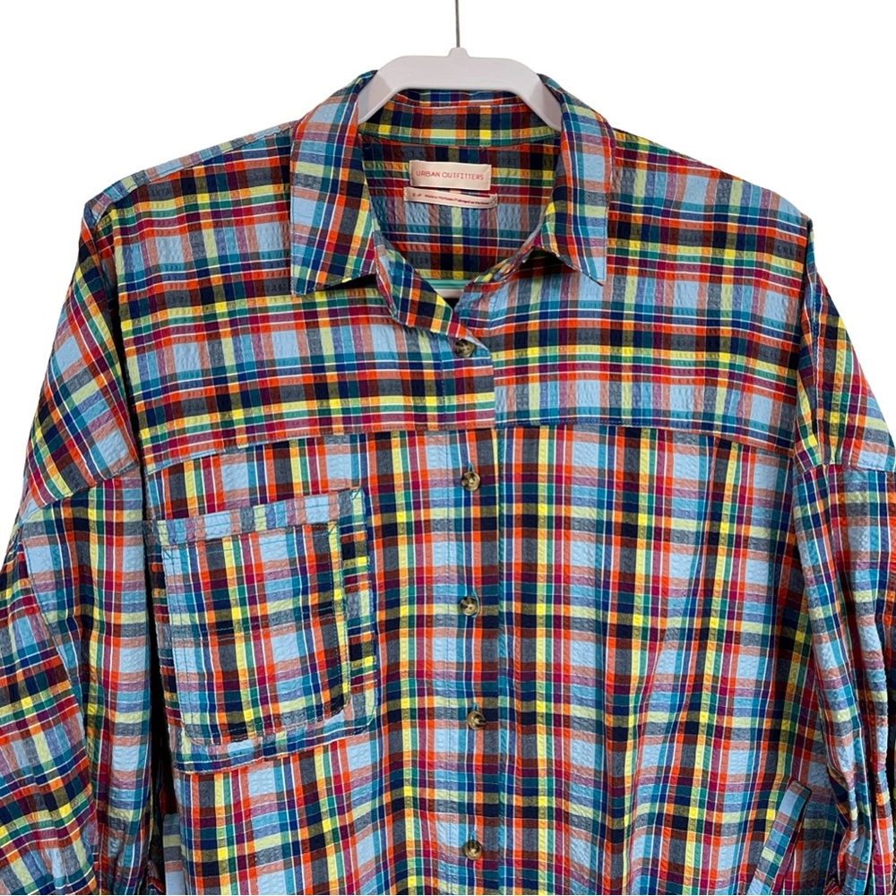 Urban Oufitters Slouchy Plaid Seersucker Shirt S Oversized Multicolored - Picture 4 of 13